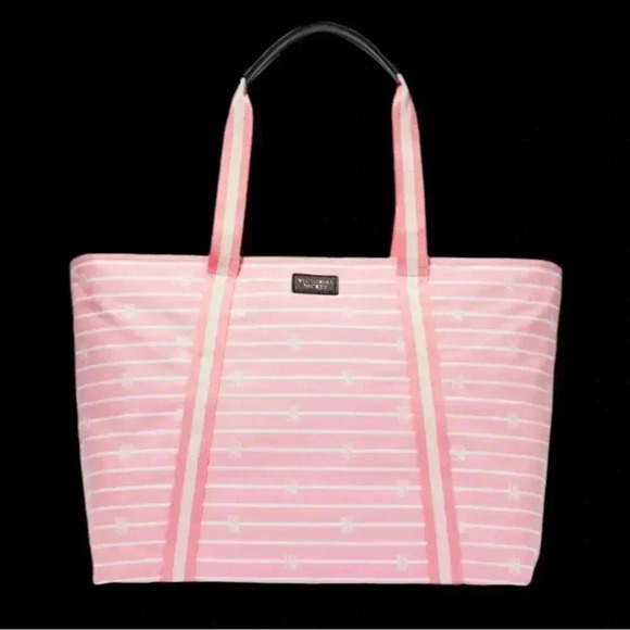 Victoria's Secret Handbags - Victoria’s Secret Large weekender tote, pink/white stripe zip top 19 x 12.x 6